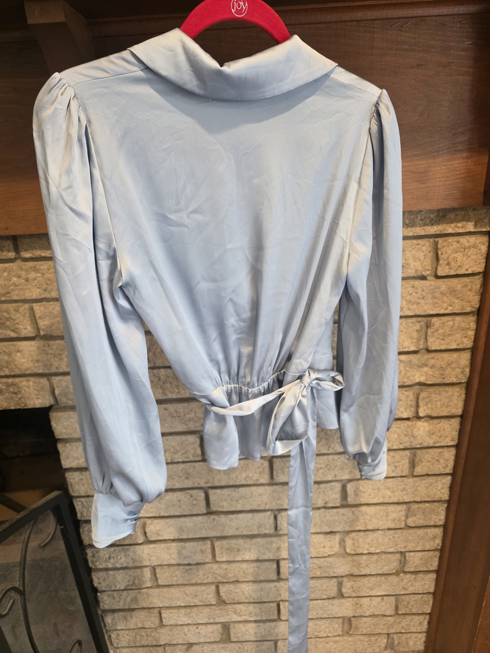 White House Black Market Light Blue Satin Wrap Blouse with Tie - Picture 5 of 6